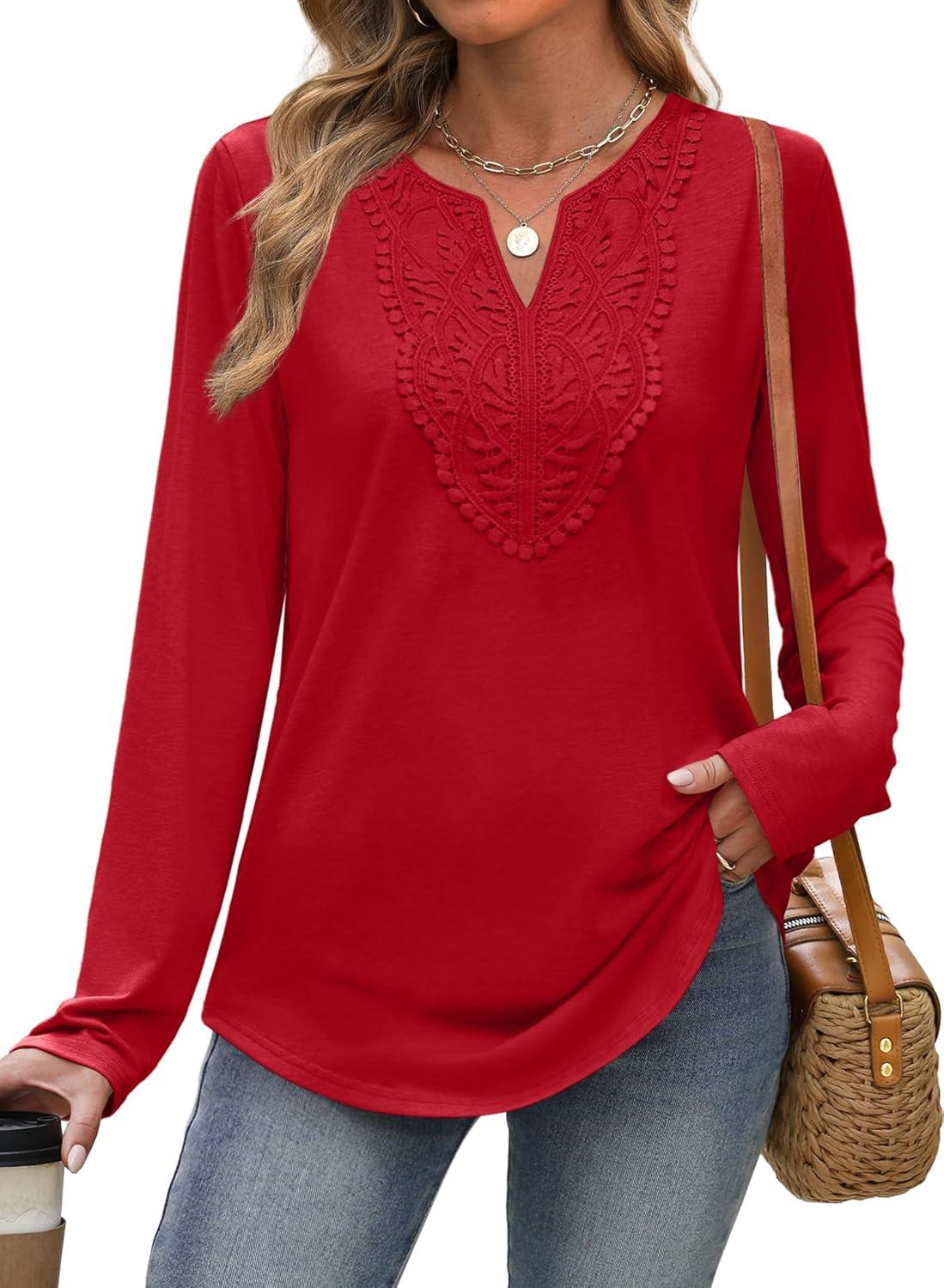 imageXIEERDUO Boho Tops for Women Blouses Dressy Casual V Neck Long Sleeve Shirts Fall Outfits Trendy Vacation ClothesRed
