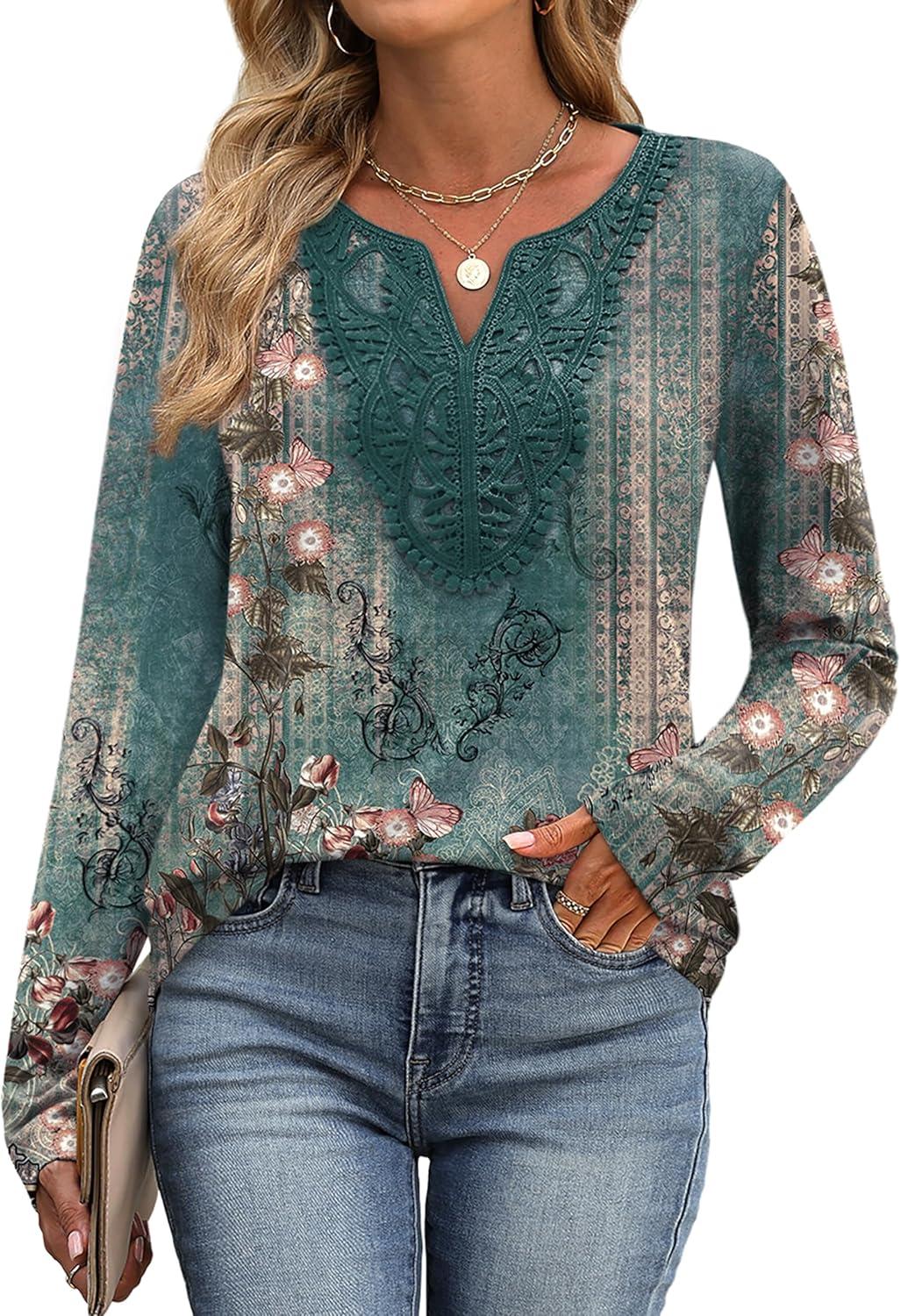 imageXIEERDUO Boho Tops for Women Blouses Dressy Casual V Neck Long Sleeve Shirts Fall Outfits Trendy Vacation ClothesZ Green Printed