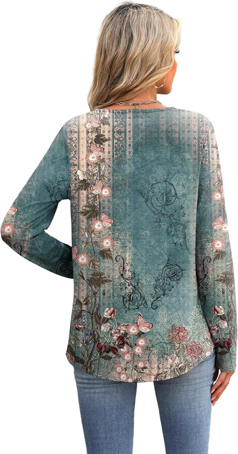 imageXIEERDUO Boho Tops for Women Blouses Dressy Casual V Neck Long Sleeve Shirts Fall Outfits Trendy Vacation ClothesZ Green Printed