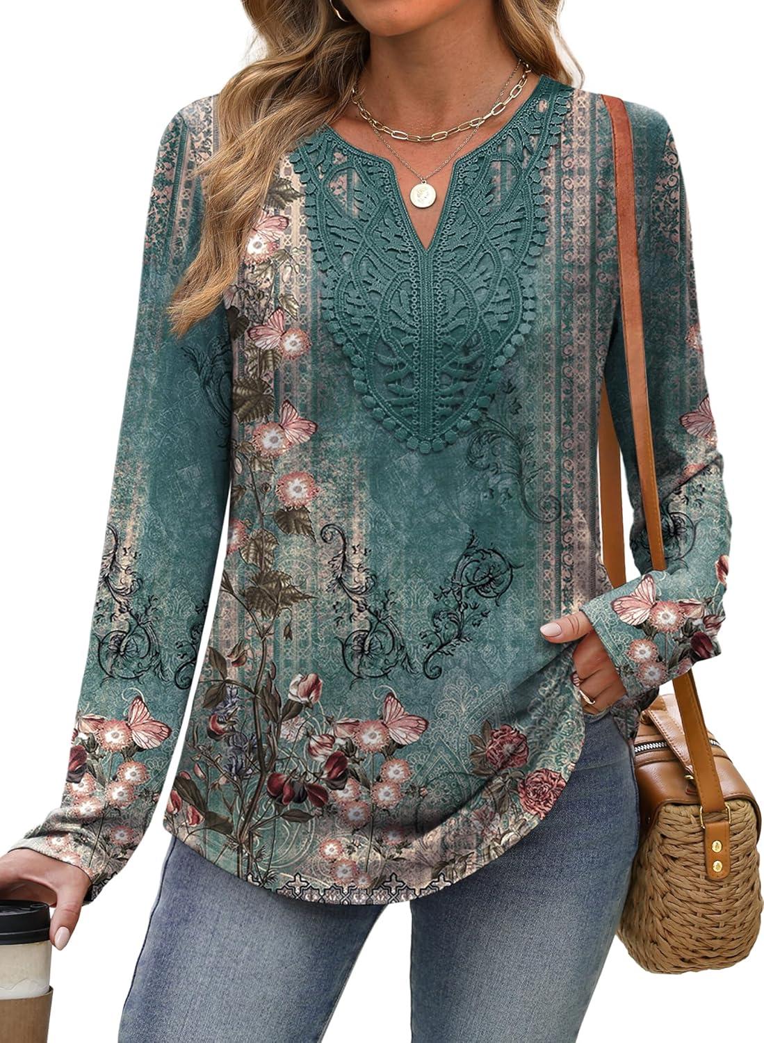 imageXIEERDUO Boho Tops for Women Blouses Dressy Casual V Neck Long Sleeve Shirts Fall Outfits Trendy Vacation ClothesZ Green Printed