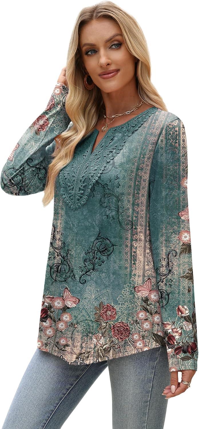 imageXIEERDUO Boho Tops for Women Blouses Dressy Casual V Neck Long Sleeve Shirts Fall Outfits Trendy Vacation ClothesZ Green Printed