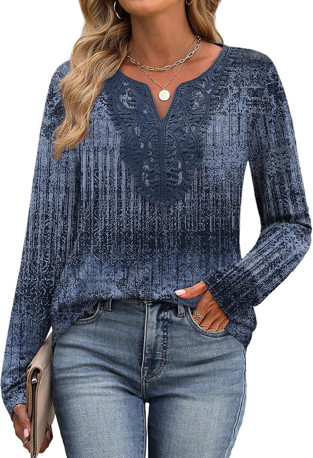 imageXIEERDUO Boho Tops for Women Blouses Dressy Casual V Neck Long Sleeve Shirts Fall Outfits Trendy Vacation ClothesZ Navy Printed