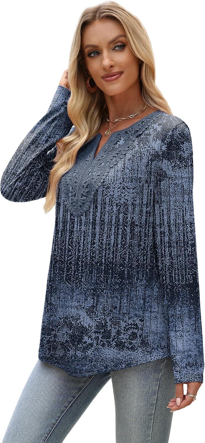 imageXIEERDUO Boho Tops for Women Blouses Dressy Casual V Neck Long Sleeve Shirts Fall Outfits Trendy Vacation ClothesZ Navy Printed