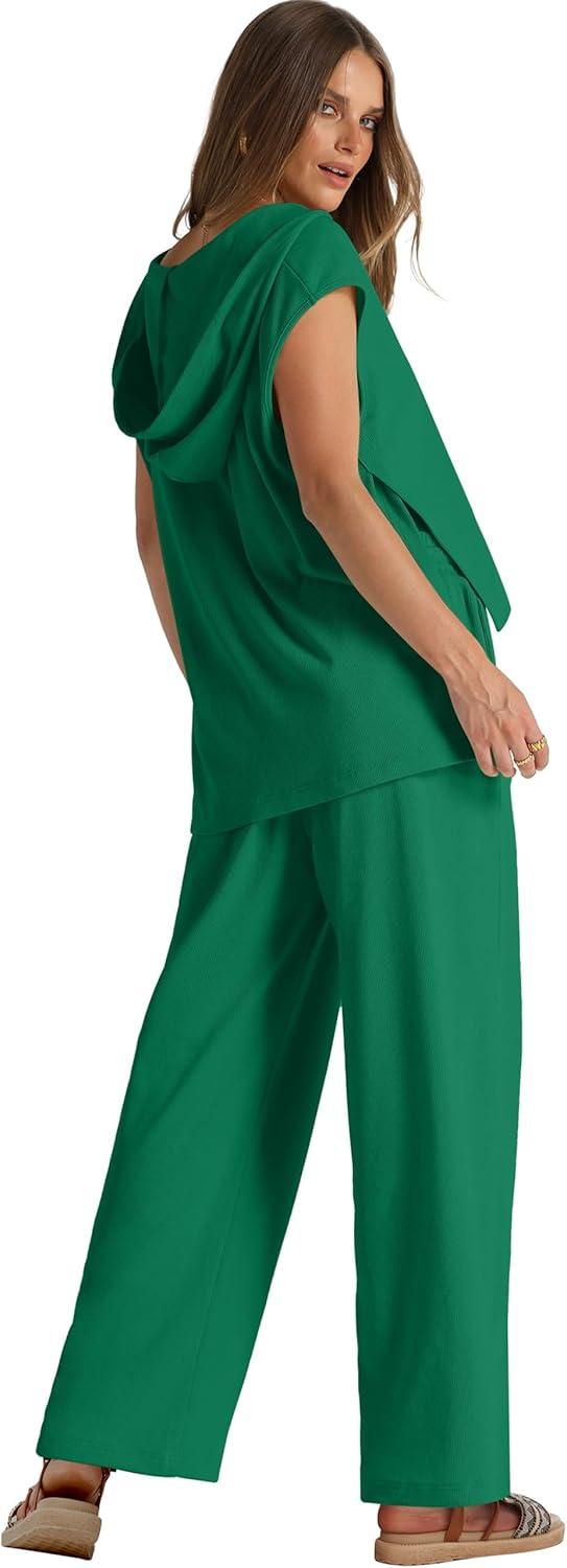 imageXIEERDUO Lounge Sets For Women 2024 Loose Fit Hoodie Open Side Tops And Wide Leg Pants 2 Piece Outfits Sweatsuit Tracksuit07green