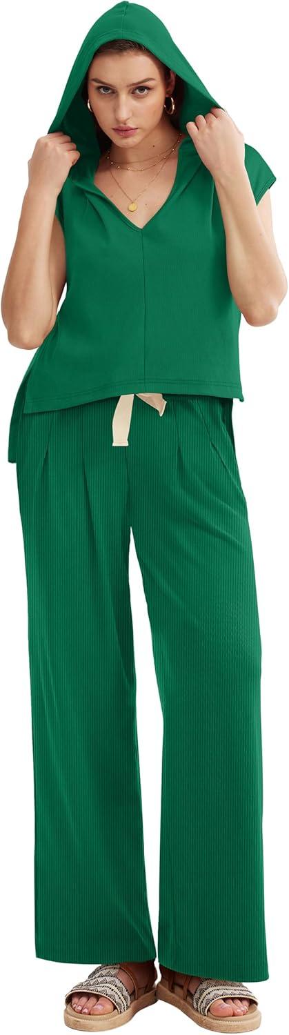 imageXIEERDUO Lounge Sets For Women 2024 Loose Fit Hoodie Open Side Tops And Wide Leg Pants 2 Piece Outfits Sweatsuit Tracksuit07green