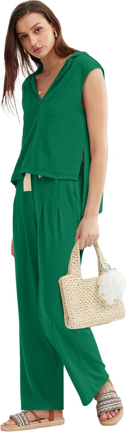 imageXIEERDUO Lounge Sets For Women 2024 Loose Fit Hoodie Open Side Tops And Wide Leg Pants 2 Piece Outfits Sweatsuit Tracksuit07green