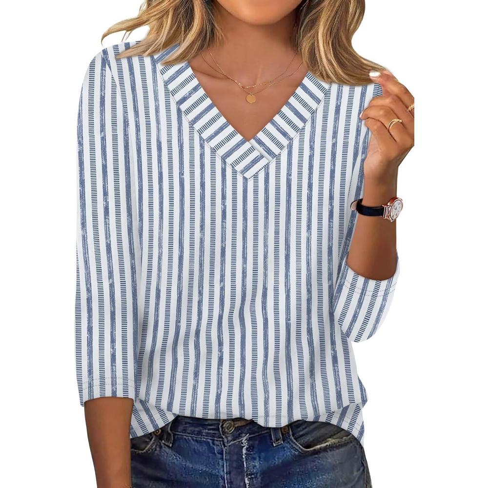 imageXIEERDUO 34 Length Sleeve Womens Tops V Neck Fall Clothes Basic Blouses Dressy Casual 2025 Early Fall Fashion Must HavesPatternedblue Striped