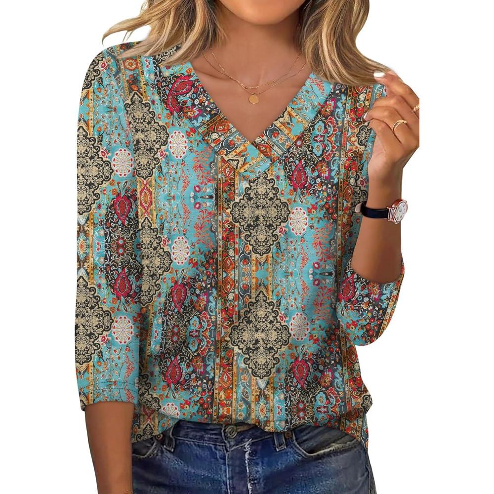 imageXIEERDUO 34 Length Sleeve Womens Tops V Neck Fall Clothes Basic Blouses Dressy Casual 2025 Early Fall Fashion Must HavesPatternedboho Print