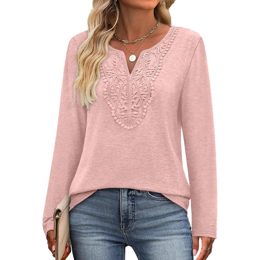 imageXIEERDUO Boho Tops for Women Blouses Dressy Casual V Neck Long Sleeve Shirts Fall Outfits Trendy Vacation ClothesLigth Pink