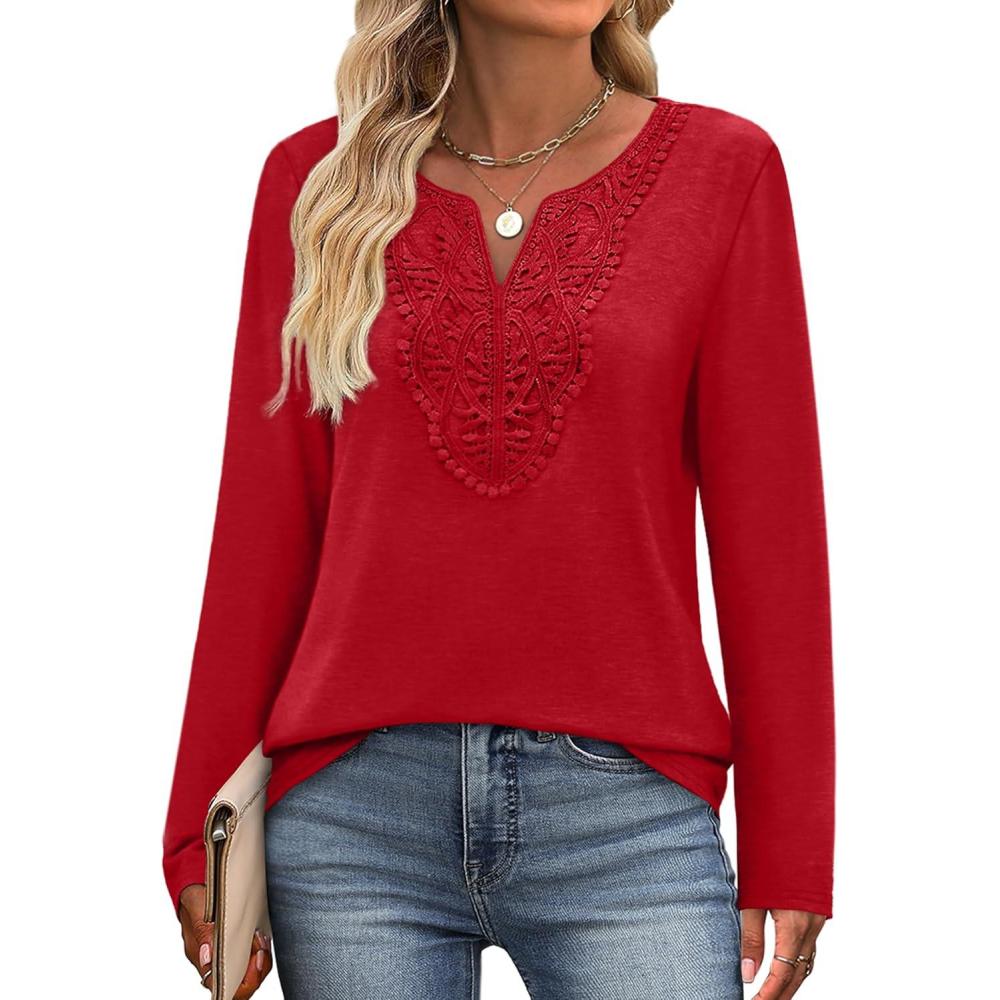 imageXIEERDUO Boho Tops for Women Blouses Dressy Casual V Neck Long Sleeve Shirts Fall Outfits Trendy Vacation ClothesRed
