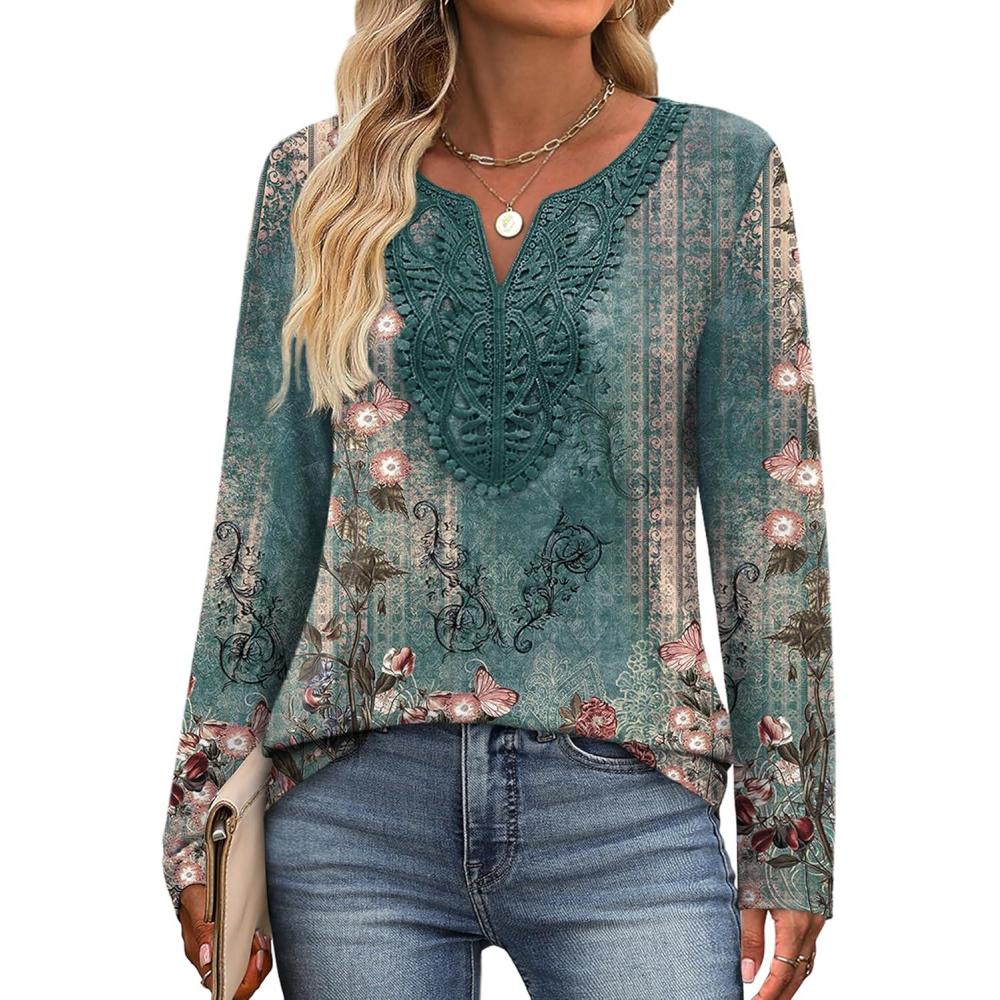 imageXIEERDUO Boho Tops for Women Blouses Dressy Casual V Neck Long Sleeve Shirts Fall Outfits Trendy Vacation ClothesZ Green Printed