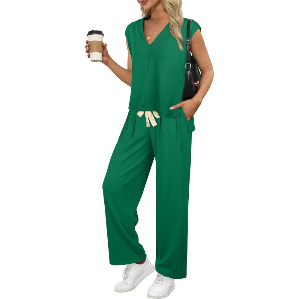 imageXIEERDUO Lounge Sets For Women 2024 Loose Fit Hoodie Open Side Tops And Wide Leg Pants 2 Piece Outfits Sweatsuit Tracksuit07green