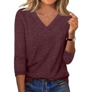 XIEERDUO 3/4 Length Sleeve Womens Tops V Neck Fall Clothes Basic Blouses Dressy Casual 2025 Early Fall Fashion Must Haves(Burgundy)