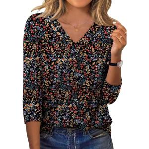 XIEERDUO 3/4 Length Sleeve Womens Tops V Neck Fall Clothes Basic Blouses Dressy Casual 2025 Early Fall Fashion Must Haves(Patterned-black Floral)