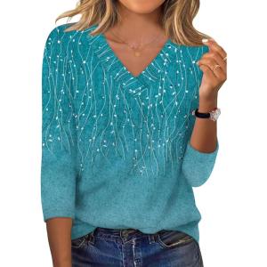 XIEERDUO 3/4 Length Sleeve Womens Tops V Neck Fall Clothes Basic Blouses Dressy Casual 2025 Early Fall Fashion Must Haves(Patterned-blue Print)