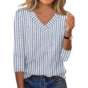 XIEERDUO 3/4 Length Sleeve Womens Tops V Neck Fall Clothes Basic Blouses Dressy Casual 2025 Early Fall Fashion Must Haves(Patterned-blue Striped)