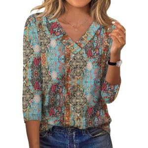 XIEERDUO 3/4 Length Sleeve Womens Tops V Neck Fall Clothes Basic Blouses Dressy Casual 2025 Early Fall Fashion Must Haves(Patterned-boho Print)