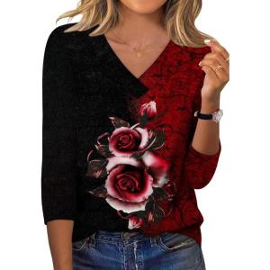 XIEERDUO 3/4 Length Sleeve Womens Tops V Neck Fall Clothes Basic Blouses Dressy Casual 2025 Early Fall Fashion Must Haves(Patterned-flower)