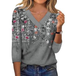 XIEERDUO 3/4 Length Sleeve Womens Tops V Neck Fall Clothes Basic Blouses Dressy Casual 2025 Early Fall Fashion Must Haves(Patterned-grey Floral)