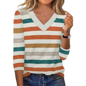 XIEERDUO 3/4 Length Sleeve Womens Tops V Neck Fall Clothes Basic Blouses Dressy Casual 2025 Early Fall Fashion Must Haves(Patterned-multicolor Stripe)