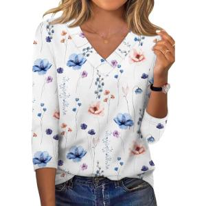 XIEERDUO 3/4 Length Sleeve Womens Tops V Neck Fall Clothes Basic Blouses Dressy Casual 2025 Early Fall Fashion Must Haves(Patterned-white Floral)
