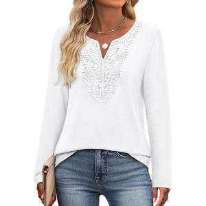 XIEERDUO Boho Tops for Women Blouses Dressy Casual V Neck Long Sleeve Shirts Fall Outfits Trendy Vacation Clothes(A White)