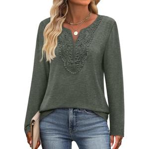 XIEERDUO Boho Tops for Women Blouses Dressy Casual V Neck Long Sleeve Shirts Fall Outfits Trendy Vacation Clothes(Army Green)