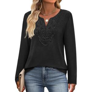 XIEERDUO Boho Tops for Women Blouses Dressy Casual V Neck Long Sleeve Shirts Fall Outfits Trendy Vacation Clothes(Black)
