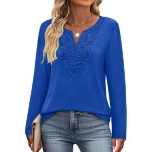 XIEERDUO Boho Tops for Women Blouses Dressy Casual V Neck Long Sleeve Shirts Fall Outfits Trendy Vacation Clothes(Blue)