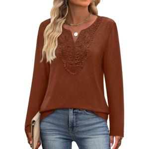 XIEERDUO Boho Tops for Women Blouses Dressy Casual V Neck Long Sleeve Shirts Fall Outfits Trendy Vacation Clothes(Caramel)