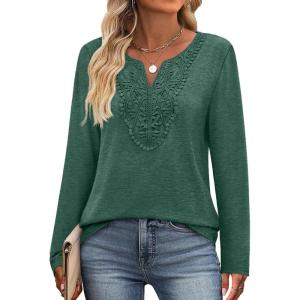 XIEERDUO Boho Tops for Women Blouses Dressy Casual V Neck Long Sleeve Shirts Fall Outfits Trendy Vacation Clothes(Green)