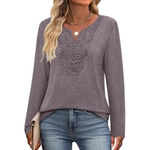 XIEERDUO Boho Tops for Women Blouses Dressy Casual V Neck Long Sleeve Shirts Fall Outfits Trendy Vacation Clothes(Grey Purple)