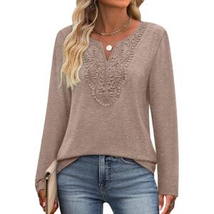 XIEERDUO Boho Tops for Women Blouses Dressy Casual V Neck Long Sleeve Shirts Fall Outfits Trendy Vacation Clothes(Khaki)