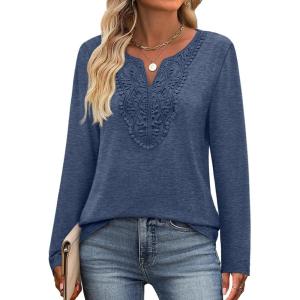 XIEERDUO Boho Tops for Women Blouses Dressy Casual V Neck Long Sleeve Shirts Fall Outfits Trendy Vacation Clothes(Navy)