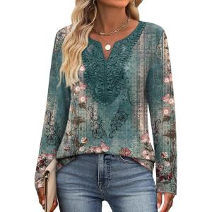 XIEERDUO Boho Tops for Women Blouses Dressy Casual V Neck Long Sleeve Shirts Fall Outfits Trendy Vacation Clothes(Z Green Printed)