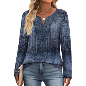 XIEERDUO Boho Tops for Women Blouses Dressy Casual V Neck Long Sleeve Shirts Fall Outfits Trendy Vacation Clothes(Z Navy Printed)
