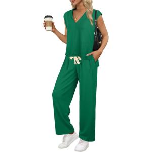 XIEERDUO Lounge Sets For Women 2024 Loose Fit Hoodie Open Side Tops And Wide Leg Pants 2 Piece Outfits Sweatsuit Tracksuit(07-green)