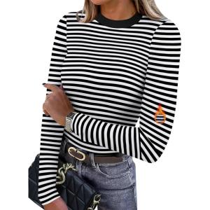 XIEERDUO Womens Long Sleeve Thermal Shirt Fleece Mock Neck Tops 2025 Fashion Slim Fit(F-stripe Black)