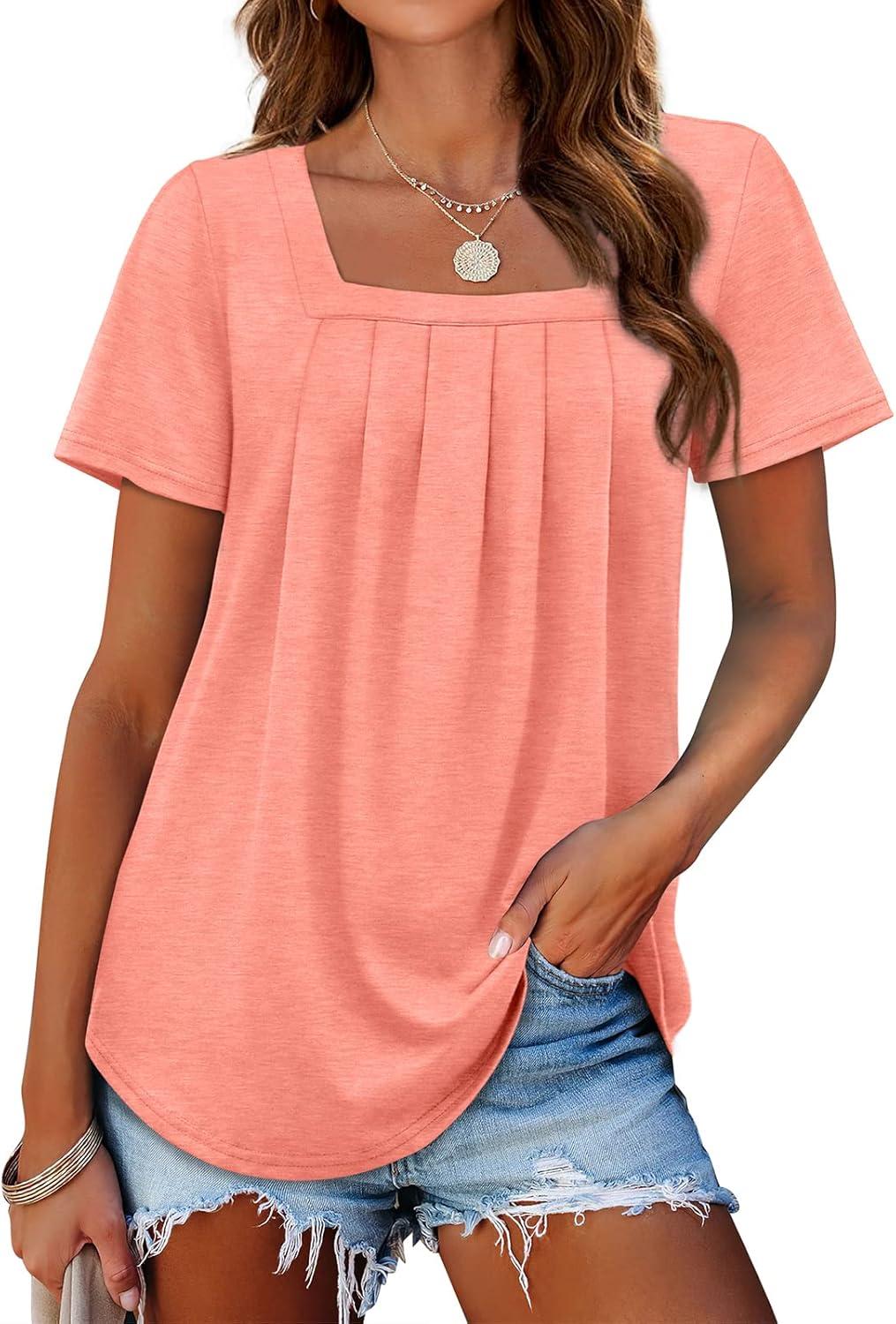 imageWomens Summer Tops Square Neck Pleated Front Short Sleeve Tunic Shirts S3XL04coral