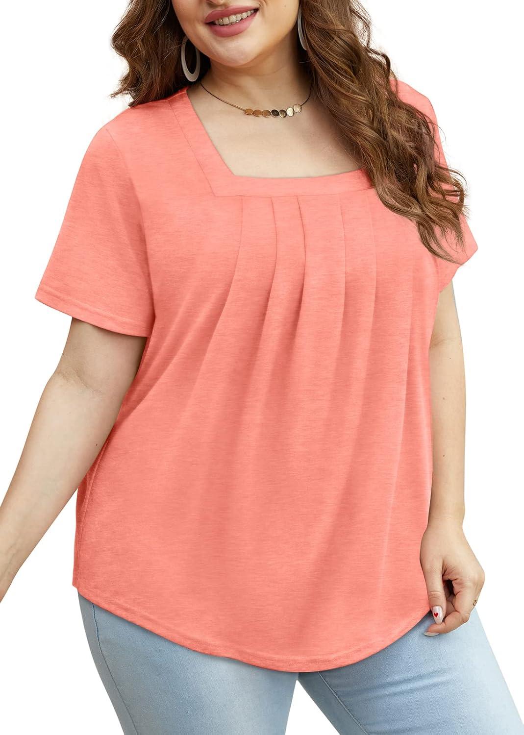 imageWomens Summer Tops Square Neck Pleated Front Short Sleeve Tunic Shirts S3XL04coral