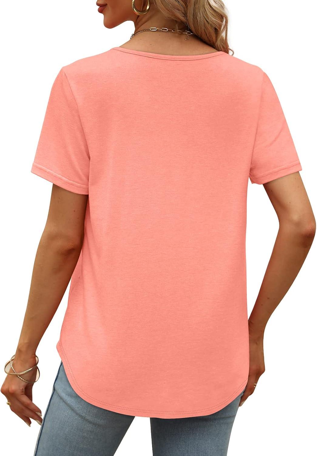 imageWomens Summer Tops Square Neck Pleated Front Short Sleeve Tunic Shirts S3XL04coral