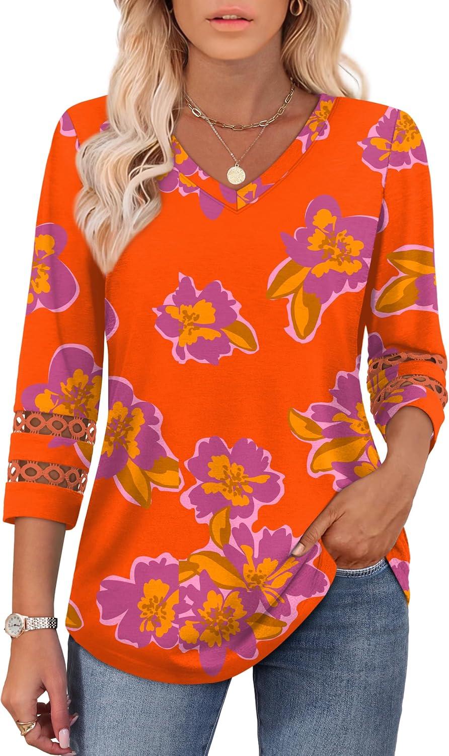 imageXIEERDUO 34 Length Sleeve Womens Tops Dressy Casual Blouses for Women 2025 Trendy V Neck T Shirts Summer ClothesZ Orange Printed