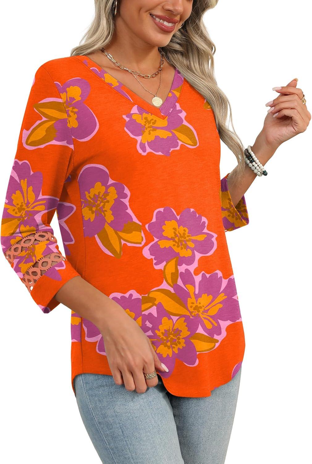 imageXIEERDUO 34 Length Sleeve Womens Tops Dressy Casual Blouses for Women 2025 Trendy V Neck T Shirts Summer ClothesZ Orange Printed