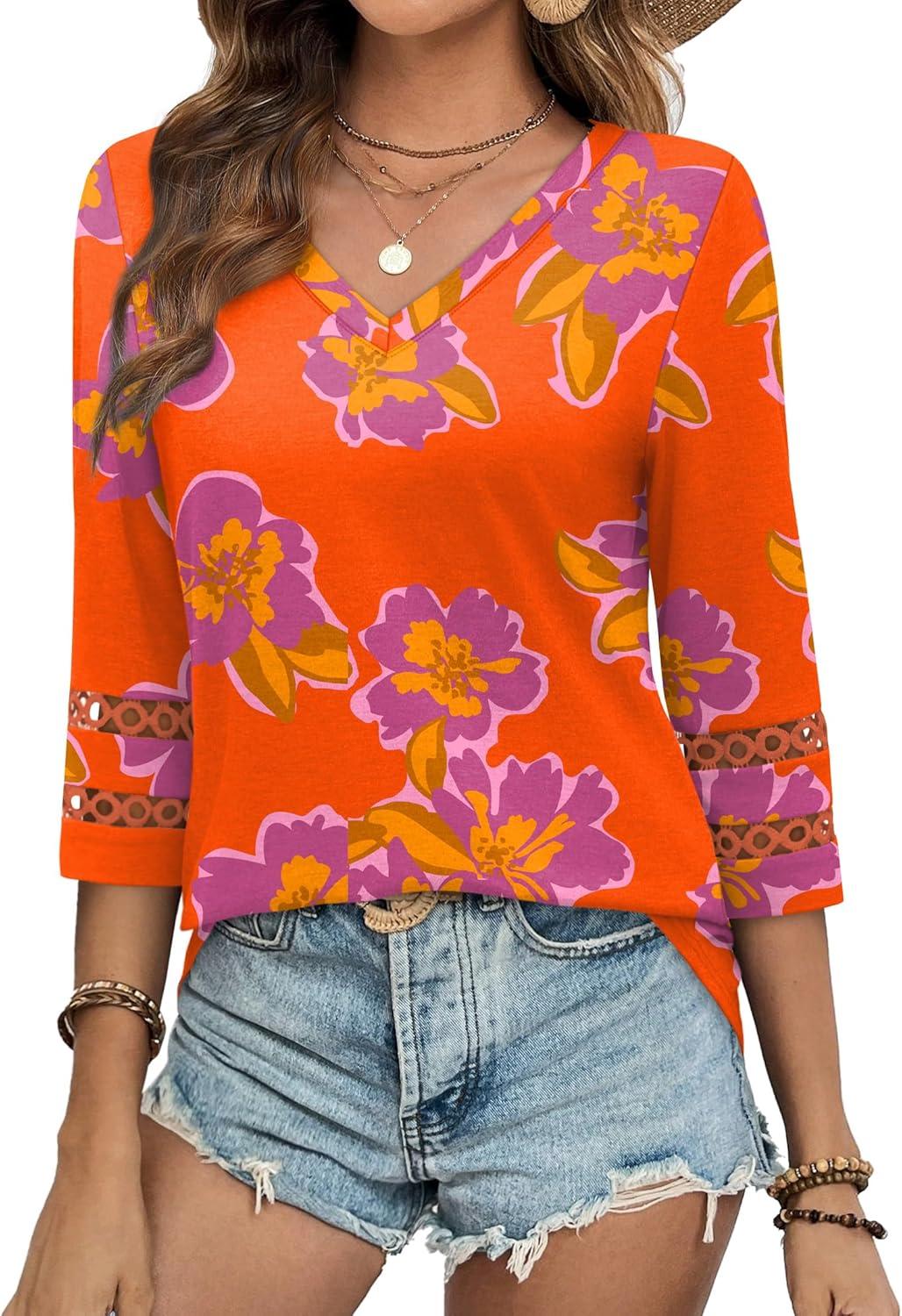 imageXIEERDUO 34 Length Sleeve Womens Tops Dressy Casual Blouses for Women 2025 Trendy V Neck T Shirts Summer ClothesZ Orange Printed