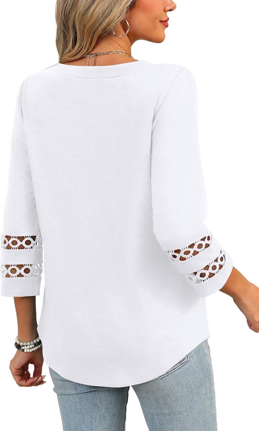 imageXIEERDUO 34 Length Sleeve Womens Tops and Blouses Dressy Casual Crewneck T Shirts Fashion Clothes Loose Fit TrendyAll White