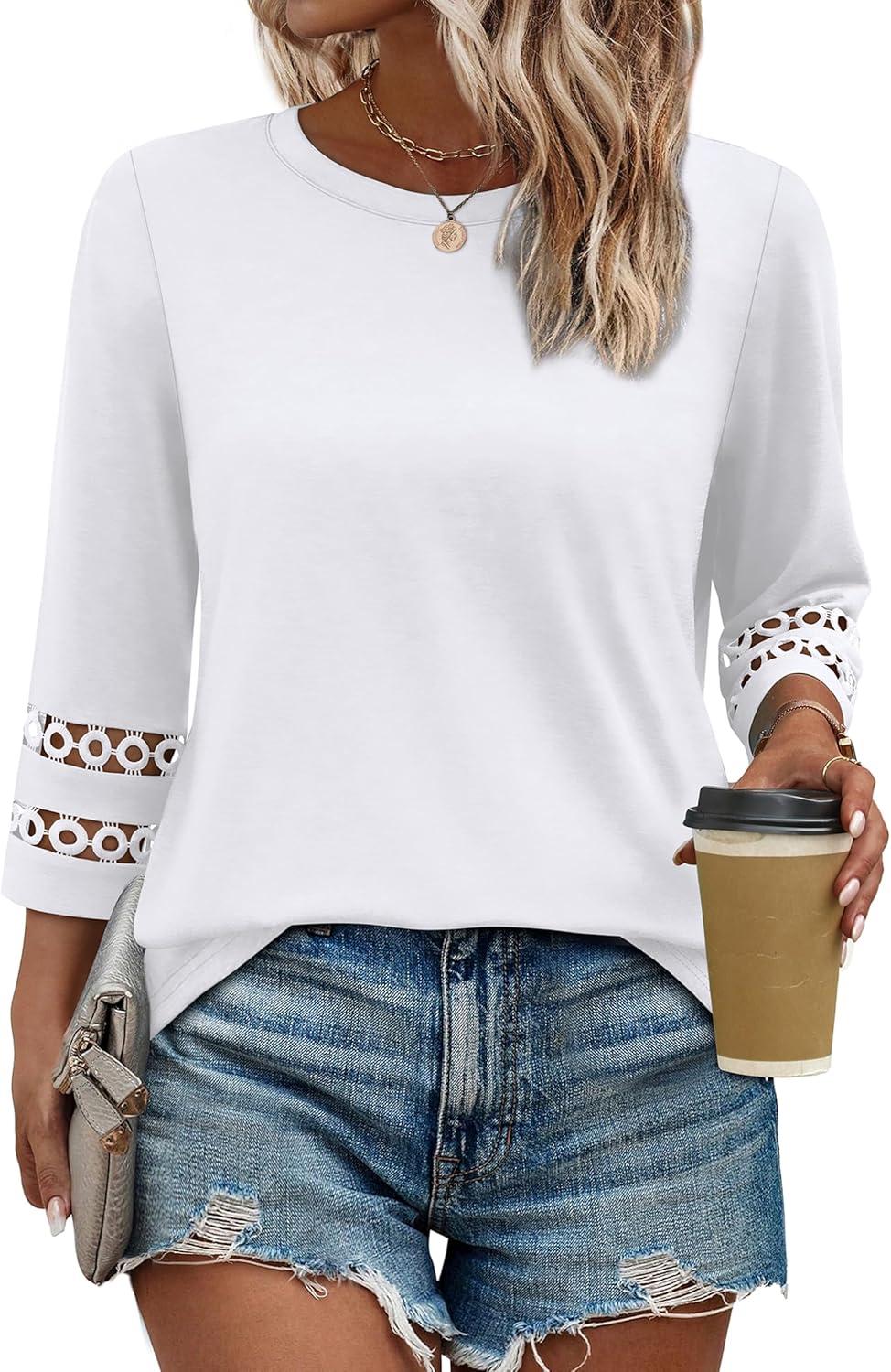 imageXIEERDUO 34 Length Sleeve Womens Tops and Blouses Dressy Casual Crewneck T Shirts Fashion Clothes Loose Fit TrendyAll White