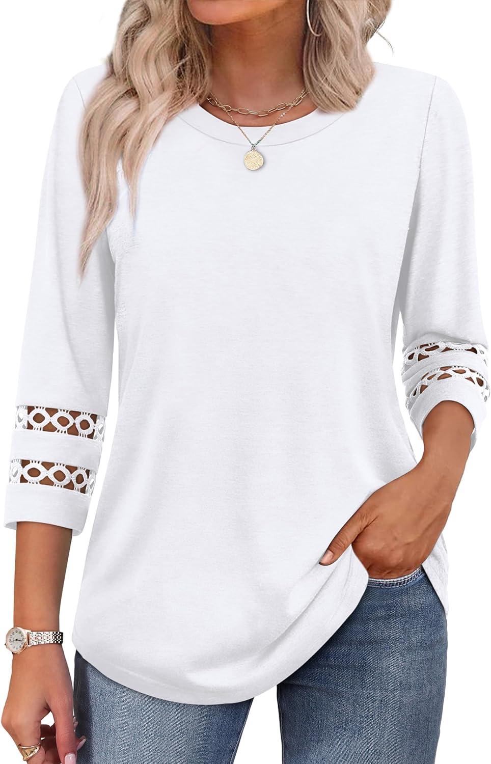 imageXIEERDUO 34 Length Sleeve Womens Tops and Blouses Dressy Casual Crewneck T Shirts Fashion Clothes Loose Fit TrendyAll White