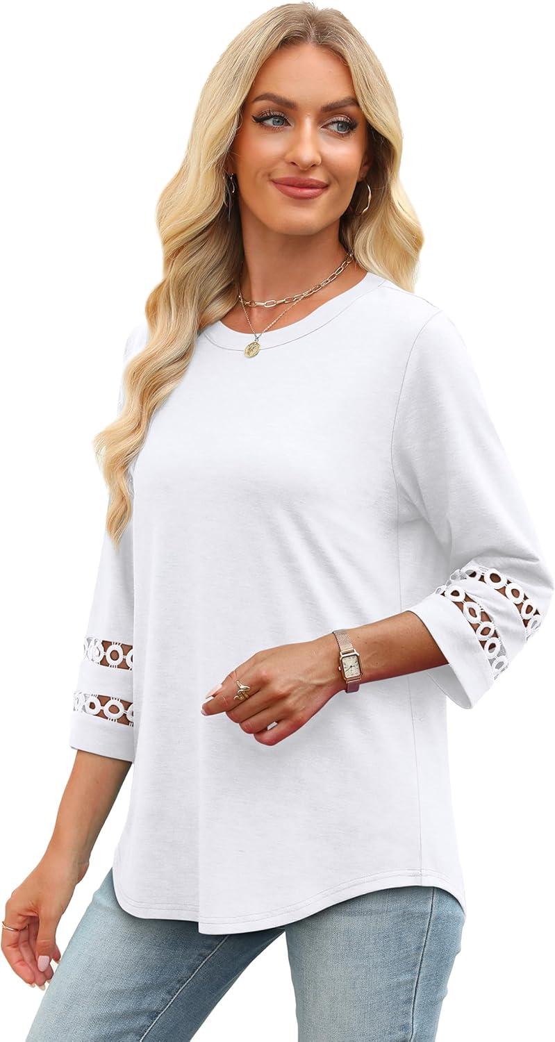 imageXIEERDUO 34 Length Sleeve Womens Tops and Blouses Dressy Casual Crewneck T Shirts Fashion Clothes Loose Fit TrendyAll White