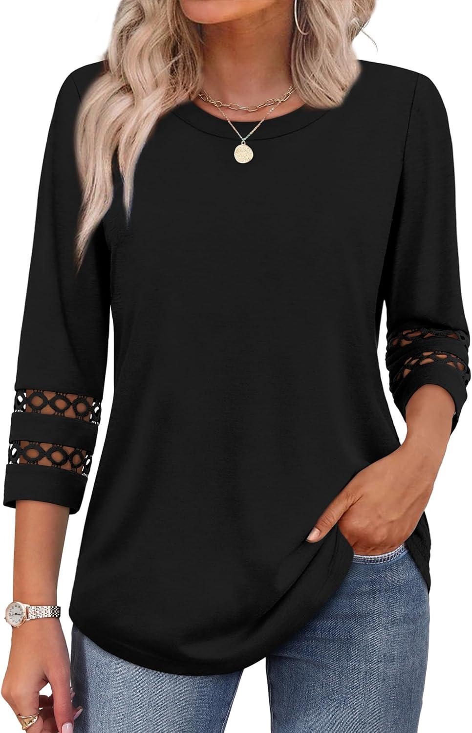 imageXIEERDUO 34 Length Sleeve Womens Tops and Blouses Dressy Casual Crewneck T Shirts Fashion Clothes Loose Fit TrendyBlack