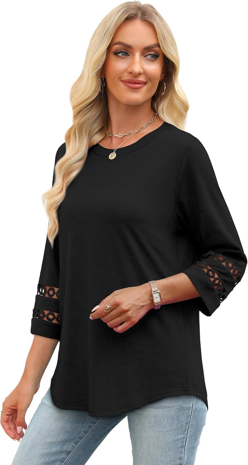 imageXIEERDUO 34 Length Sleeve Womens Tops and Blouses Dressy Casual Crewneck T Shirts Fashion Clothes Loose Fit TrendyBlack